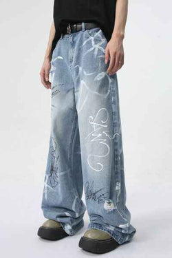 Mid Rise Graffiti Print Distressed Wide Leg Jeans