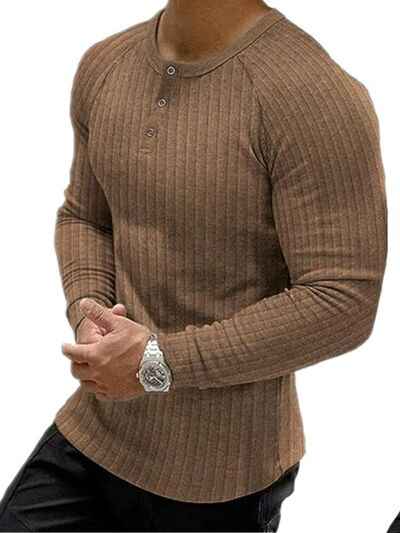 Men's Full Size Ribbed Round Neck Long Sleeve T-Shirt Plus Size