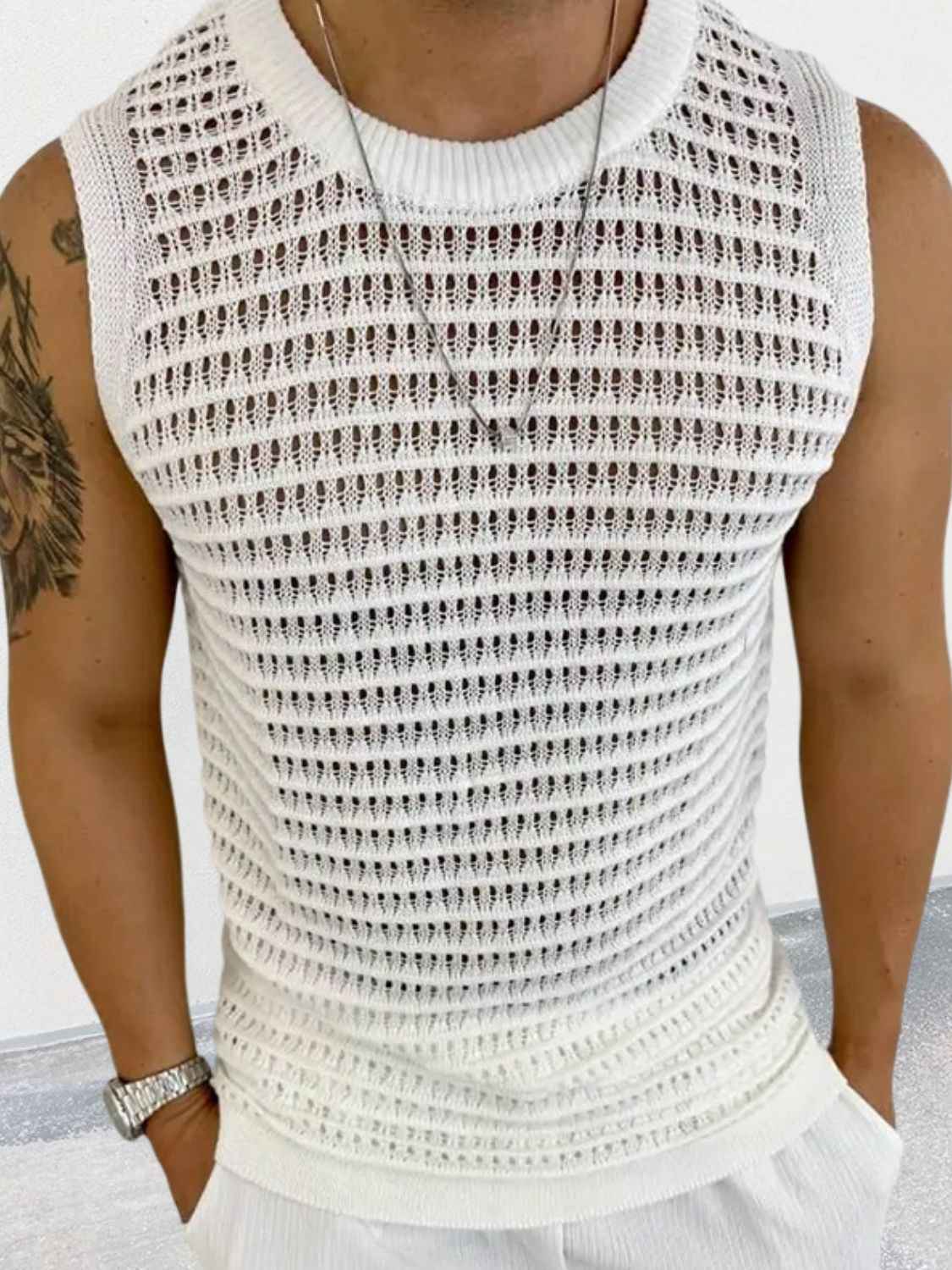 Men's Round Neck Hollow Out Sleeveless Knit Top