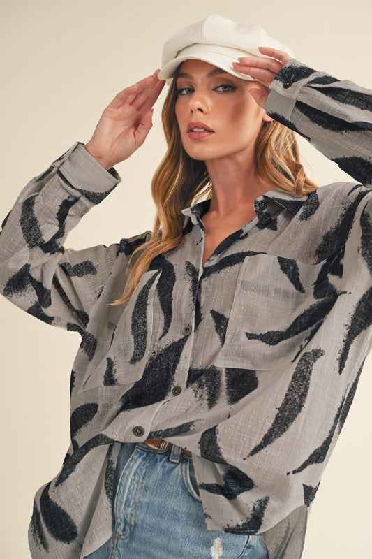 Aemi + Co High-Low Printed Button Up Long Sleeve Shirt