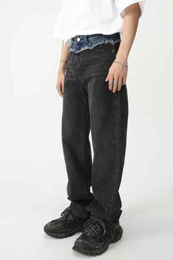 Men's Spliced Raw Hem Straight Leg Jeans