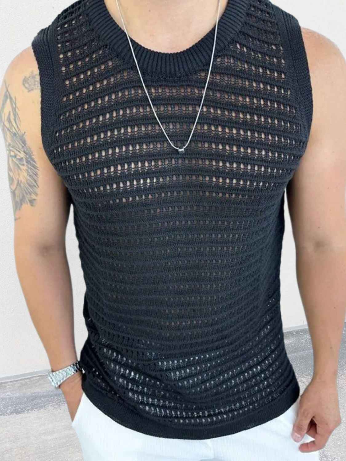 Men's Round Neck Hollow Out Sleeveless Knit Top