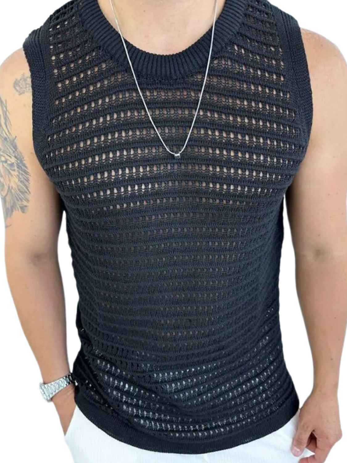 Men's Round Neck Hollow Out Sleeveless Knit Top