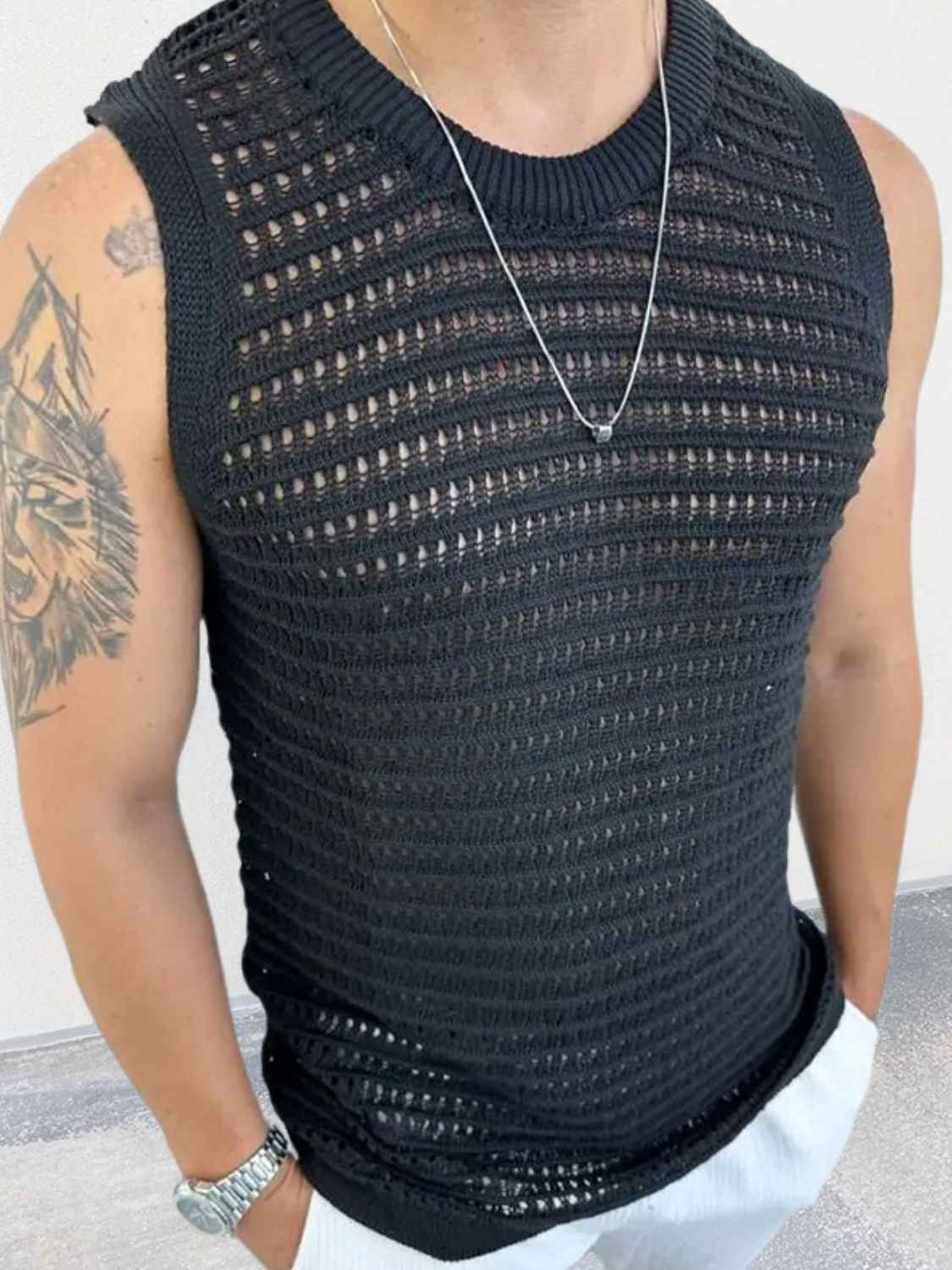 Men's Round Neck Hollow Out Sleeveless Knit Top