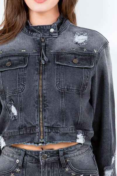 American Bazi Full Size Distressed Star Stud Trim Denim Rider Jacket Plus Size