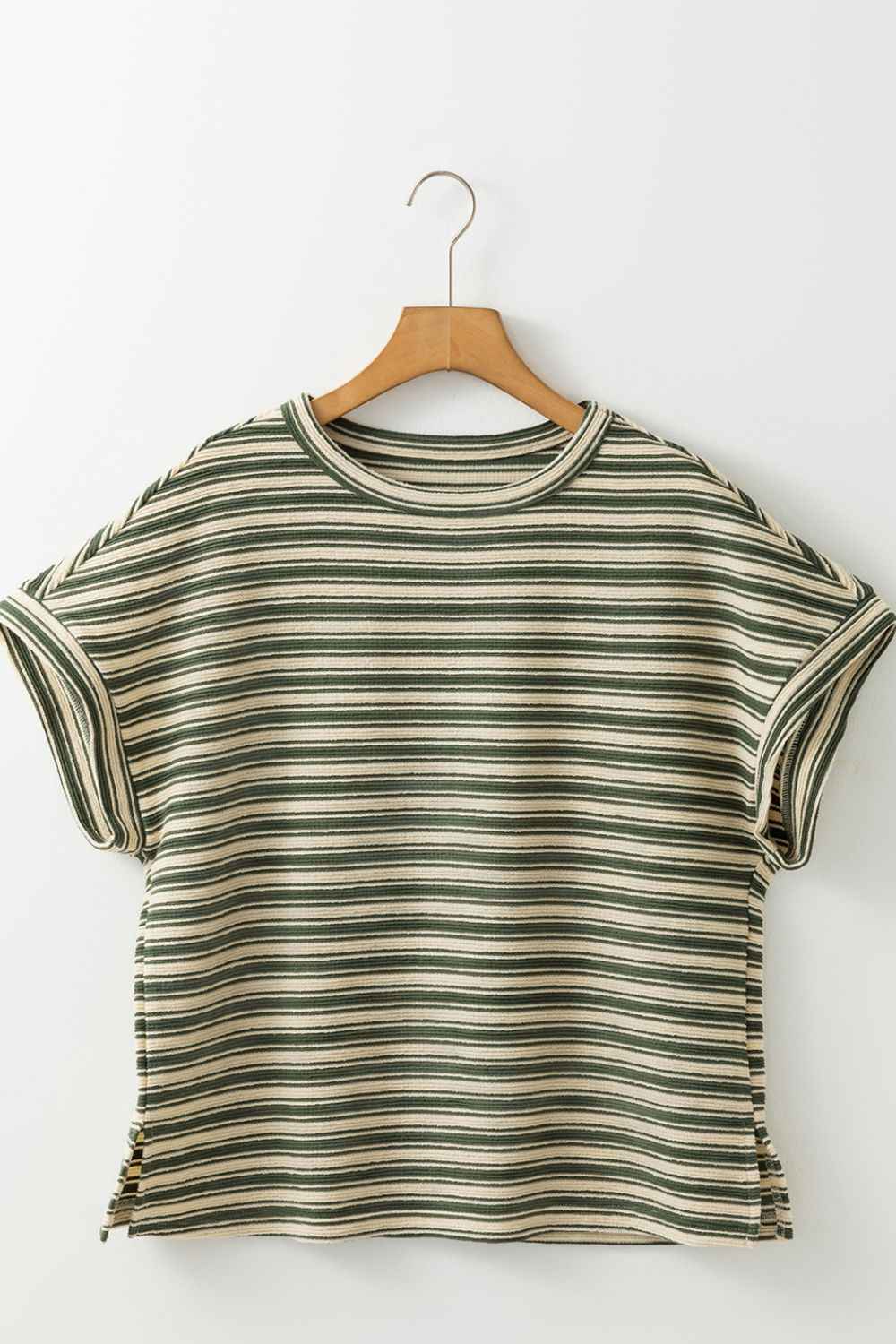 Stripe Textured Side Slit Crew Neck T-Shirt