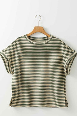 Stripe Textured Side Slit Crew Neck T-Shirt