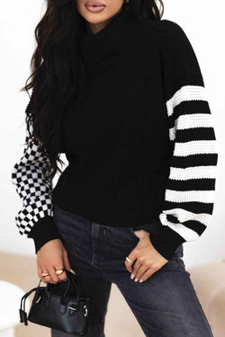 Striped & Checkered Turtleneck Dropped Shoulder Sweater