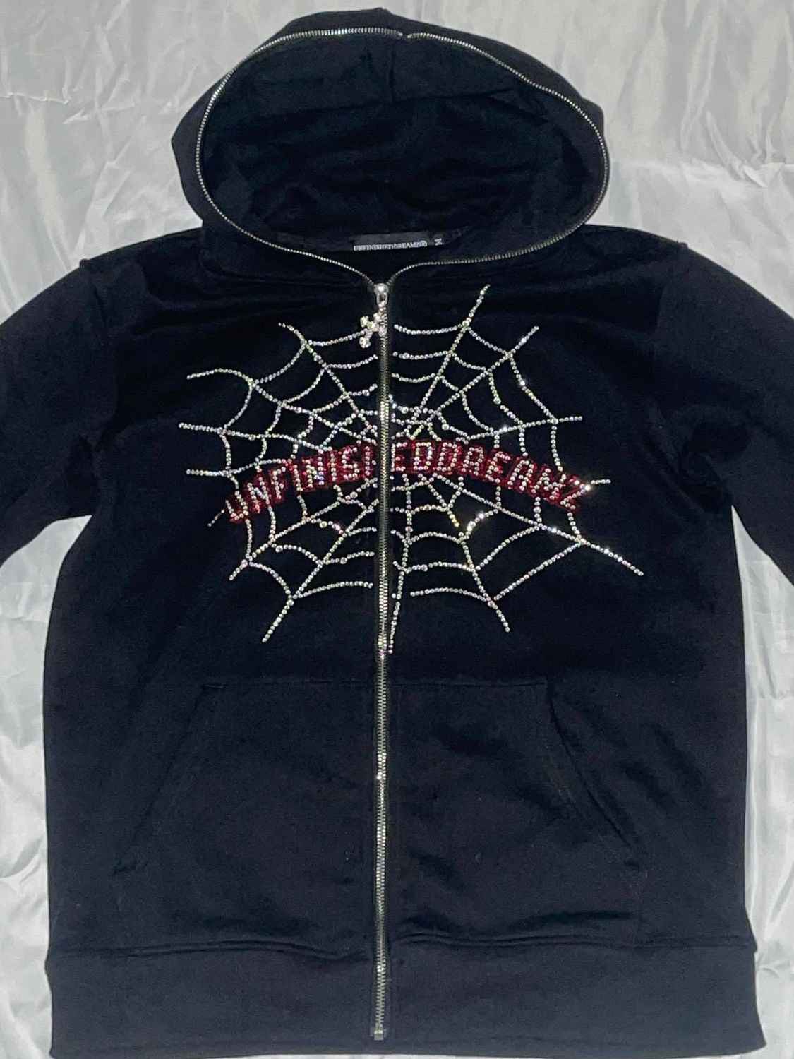 Men's Spider Web Rhinestones Zip-Up Hoodie