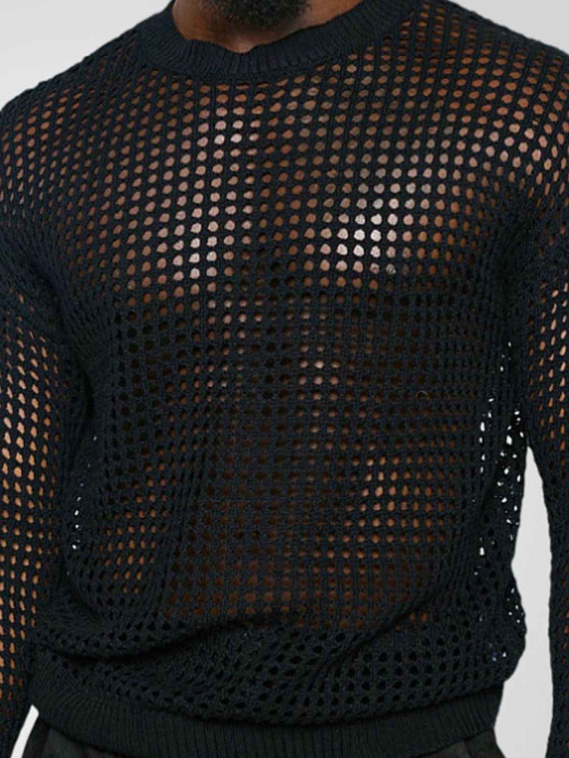 Men's Full Size Hollow Out Round Neck Long Sleeve Top Plus Size