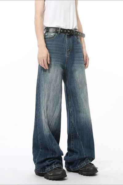 Washed Lightning Pattern Wide Leg Jeans