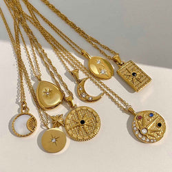 18K Gold Moon And Star Inlaid Gemstone Necklace