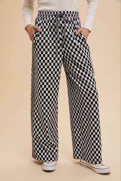 Annie Wear Drawstring Checkered Wide Leg Pants