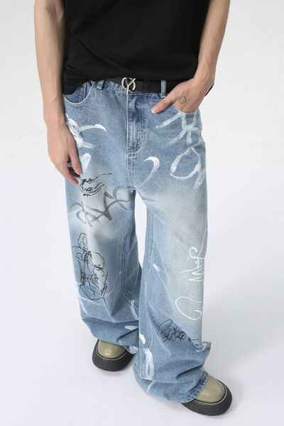 Mid Rise Graffiti Print Distressed Wide Leg Jeans