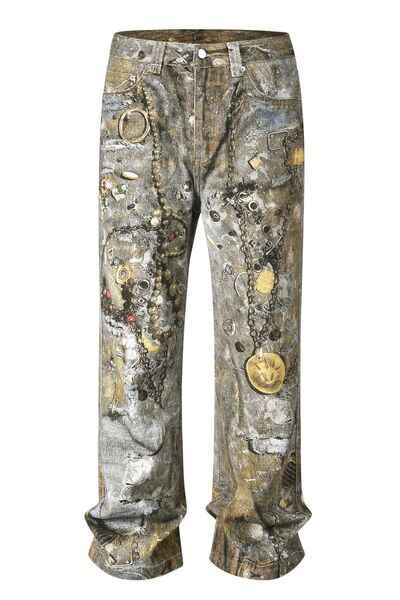 Men's Wide Straight Printed Jeans with Pockets