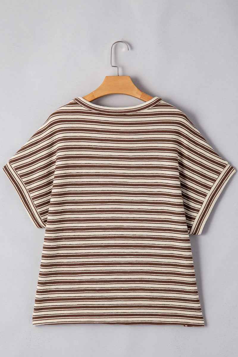 Stripe Textured Side Slit Crew Neck T-Shirt