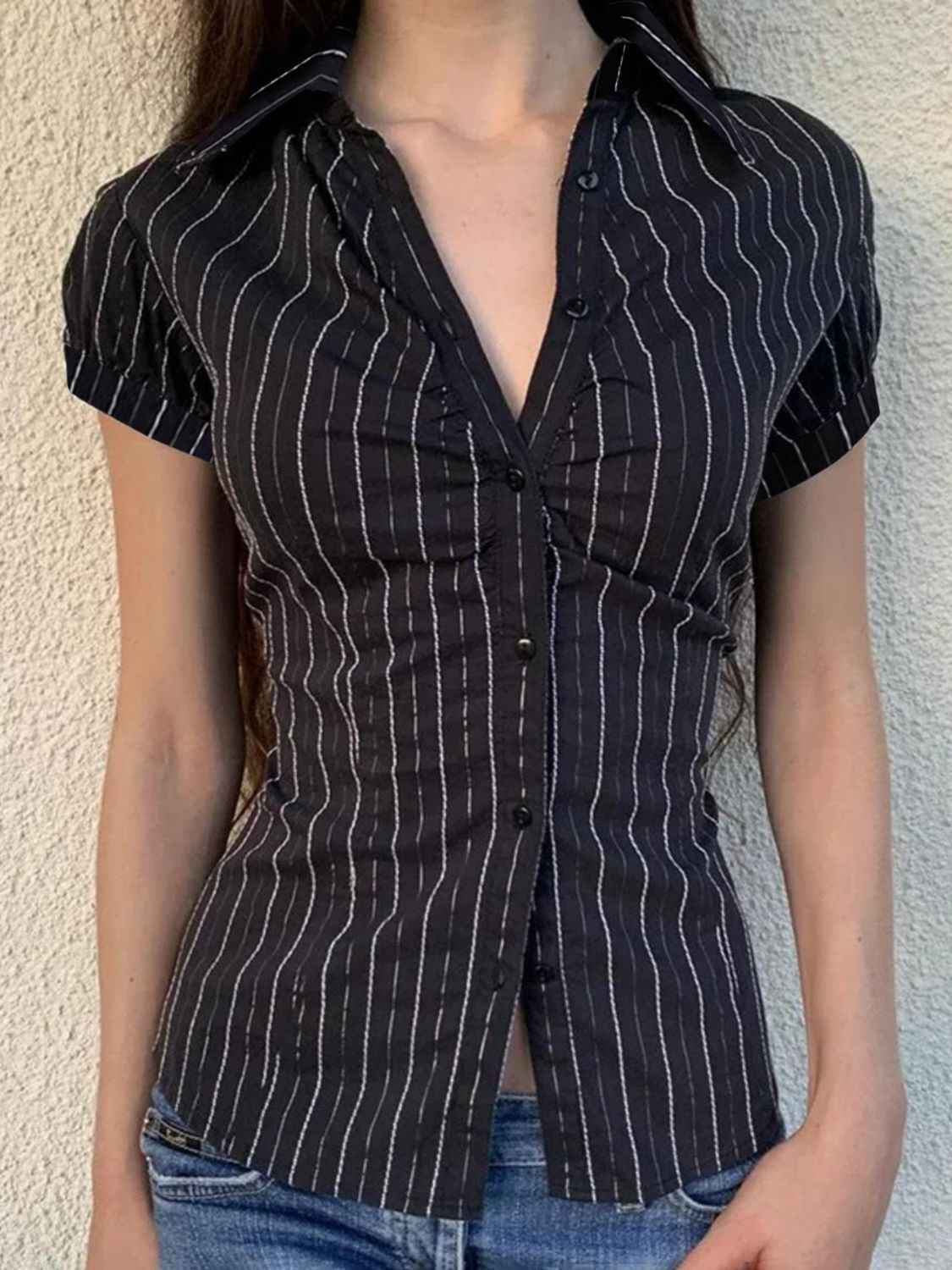 Devine Button Down Striped Collared Neck Short Sleeve Shirt