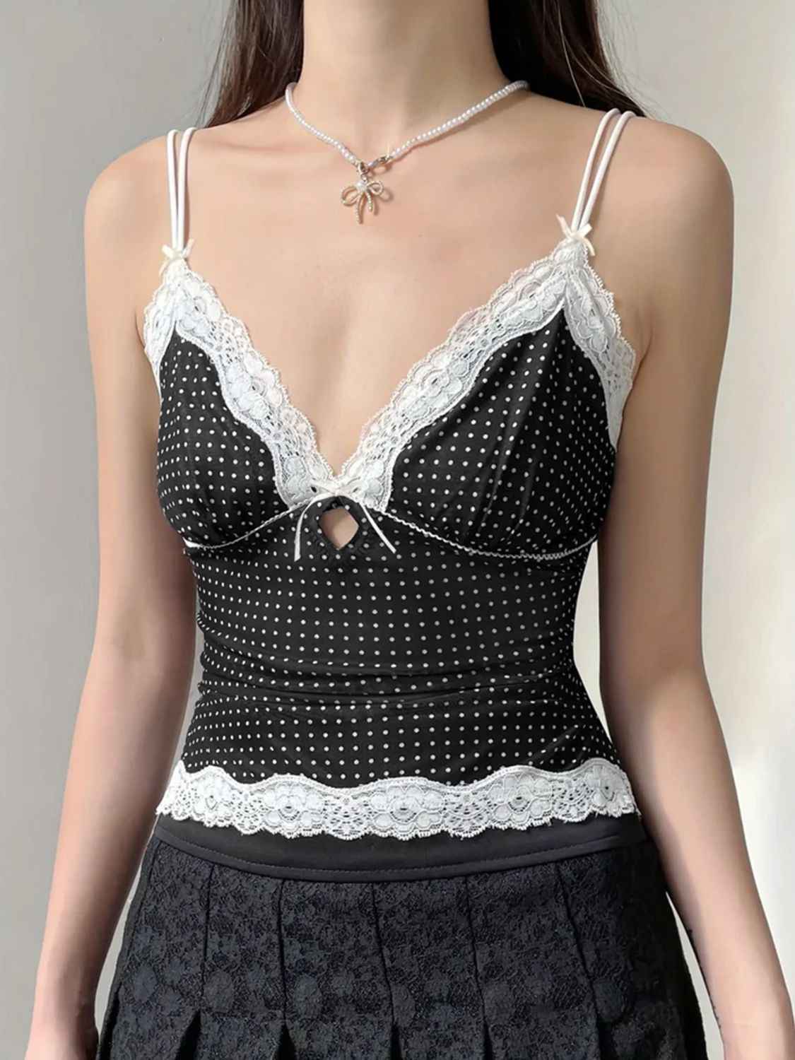 Devine Lace Detail Polka Dot V-Neck Cami